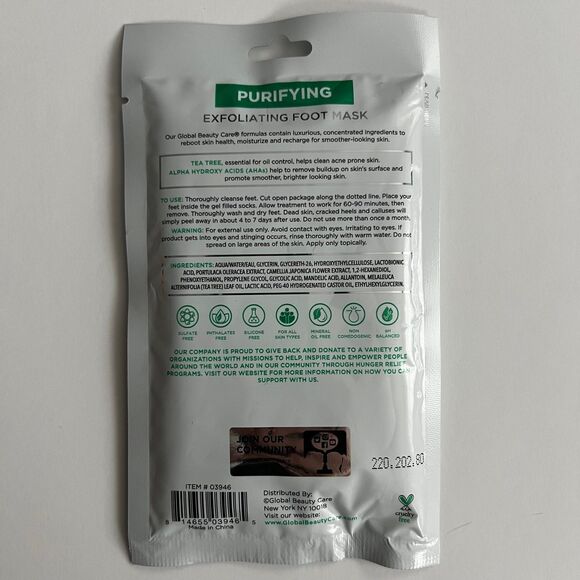GlobalBeautyCare Purifying Exfoliating Tea Tree Oil & AHA Foot Mask - 1 Pair NWT - Picture 2 of 2